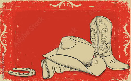 Cowboy boots and hat for design.Red American western background