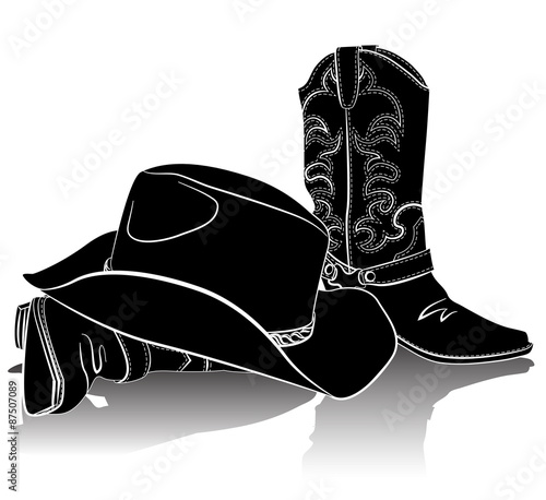 Cowboy boots and hat.Vector grunge background for design