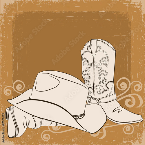 Cowboy boots and hat.Vector grunge background for design