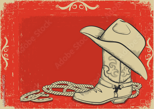 Cowboy boot and hat for design.Red American western background