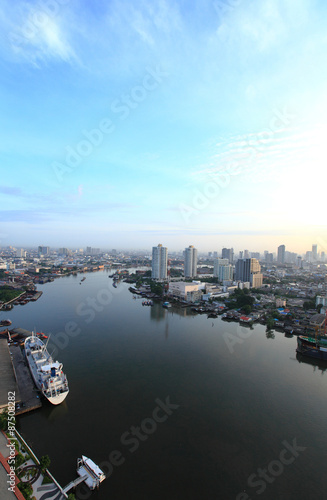 Aerial view of Bangkok Skyline along Chaophraya River at dusk wi © alexzeer