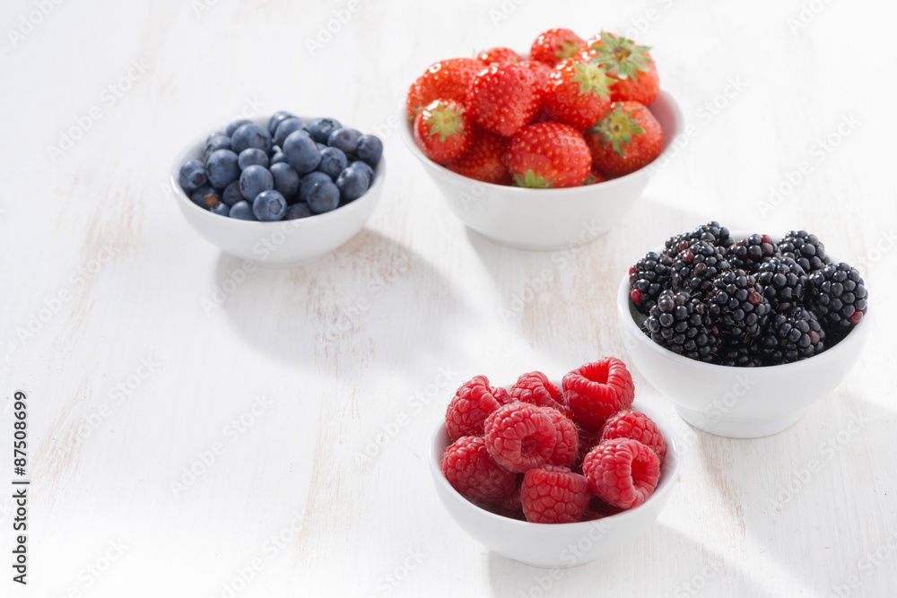 Fresh berries in a bowl on white wooden background Fresh berries in a bowl on white wooden background