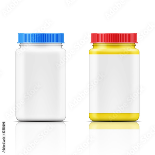 Colored square plastic bottle for pills.