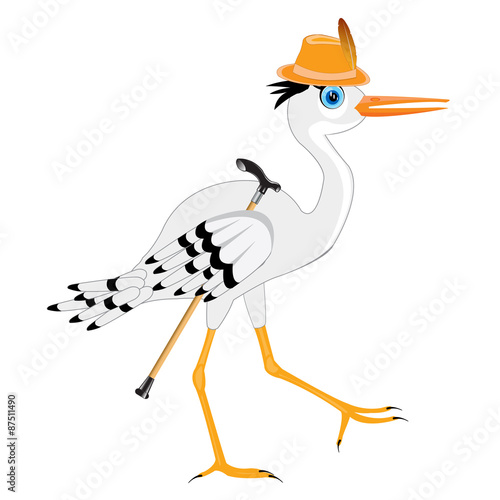 Stork in hat with walking stick