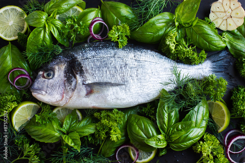 Tablou pe pânză fresh raw dorado fish with spicy herbs