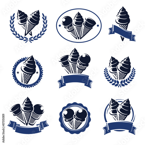 Ice cream label and icons set. Vector