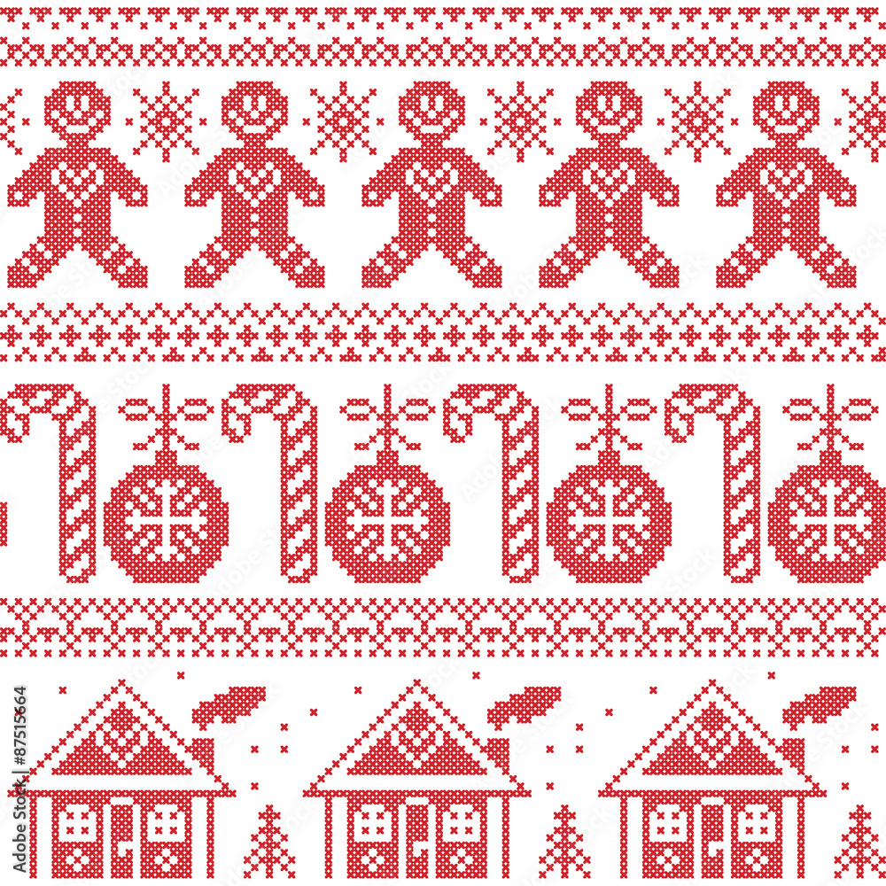 Scandinavian Nordic seamless pattern with ginger bread man, candy, ginger house, bauble, xmas trees in red cross stitch