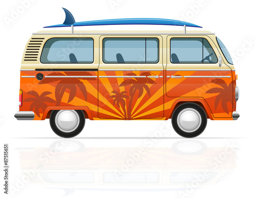 retro minivan with a surfboard vector illustration