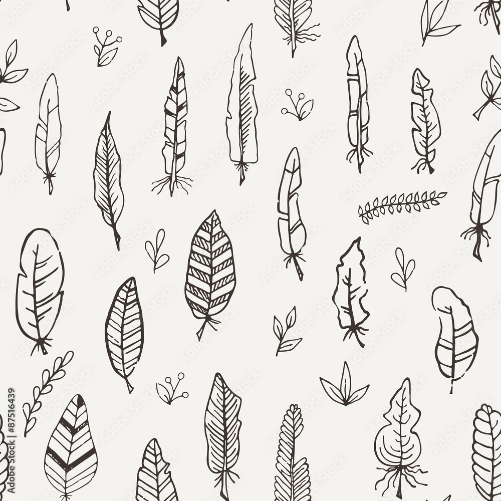 Fototapeta premium Vector seamless pattern of feathers. Doodle. Zentangle