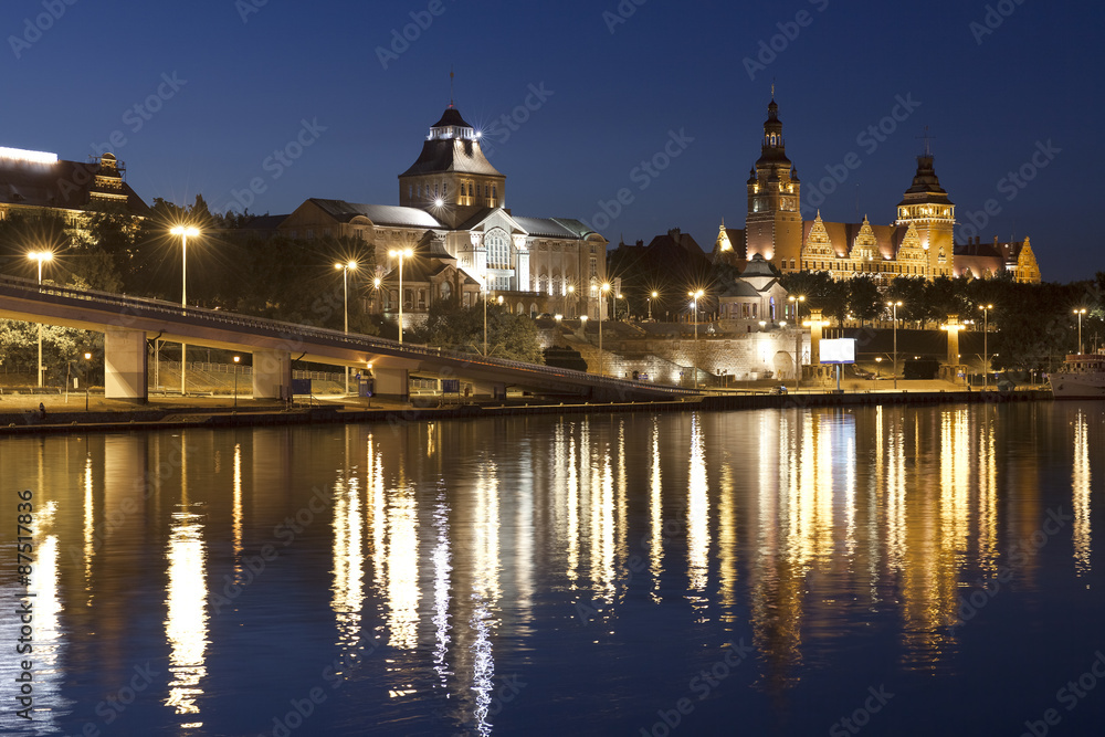 Szczecin waterfront at night, Poland.