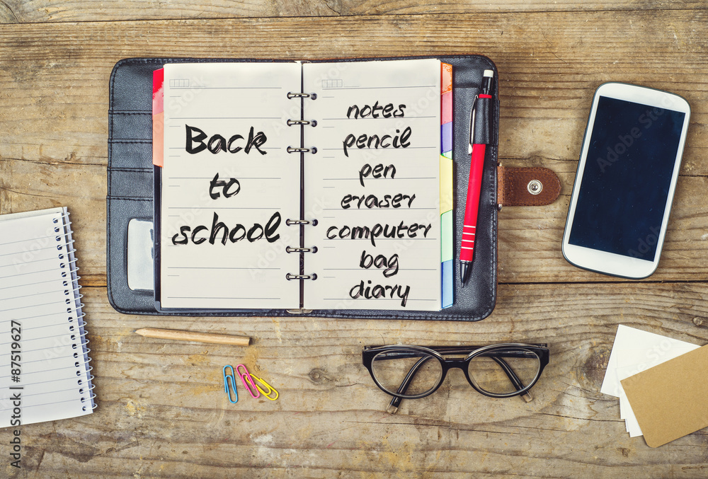 Fototapeta premium Desktop mix on a wooden office table.