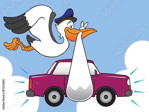 Large stork delivering brand new car