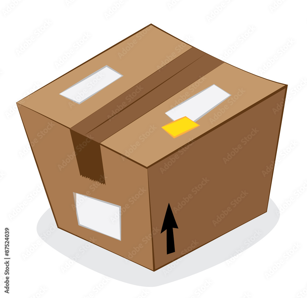 a vector cartoon representing a funny stylized brown carton package isolated on white, on a gray shadow a vector cartoon representing a funny stylized brown carton package isolated on white, on a gray shadow