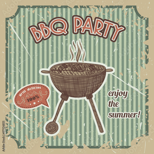 bbq party vintage poster with bbq grill on the grunge background. Retro hand drawn vector illustration in sketch style