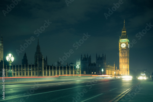 Big Ben across Westminster Bridge at night