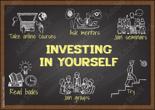 Info graphics on chalkboard about investing in yourself.