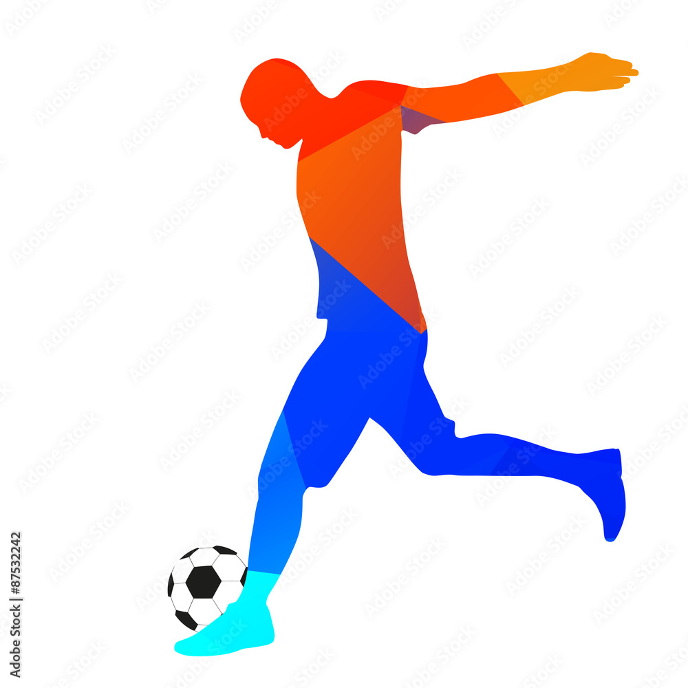 Geometric drawing footballer kicking a ball