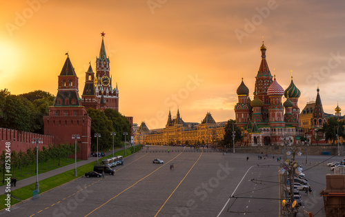 Sunset view of Kremlin, Red Square and Saint Basil's Cathedral in Moscow. Russia