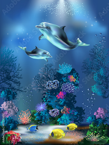 The underwater world with dolphins and plants 
