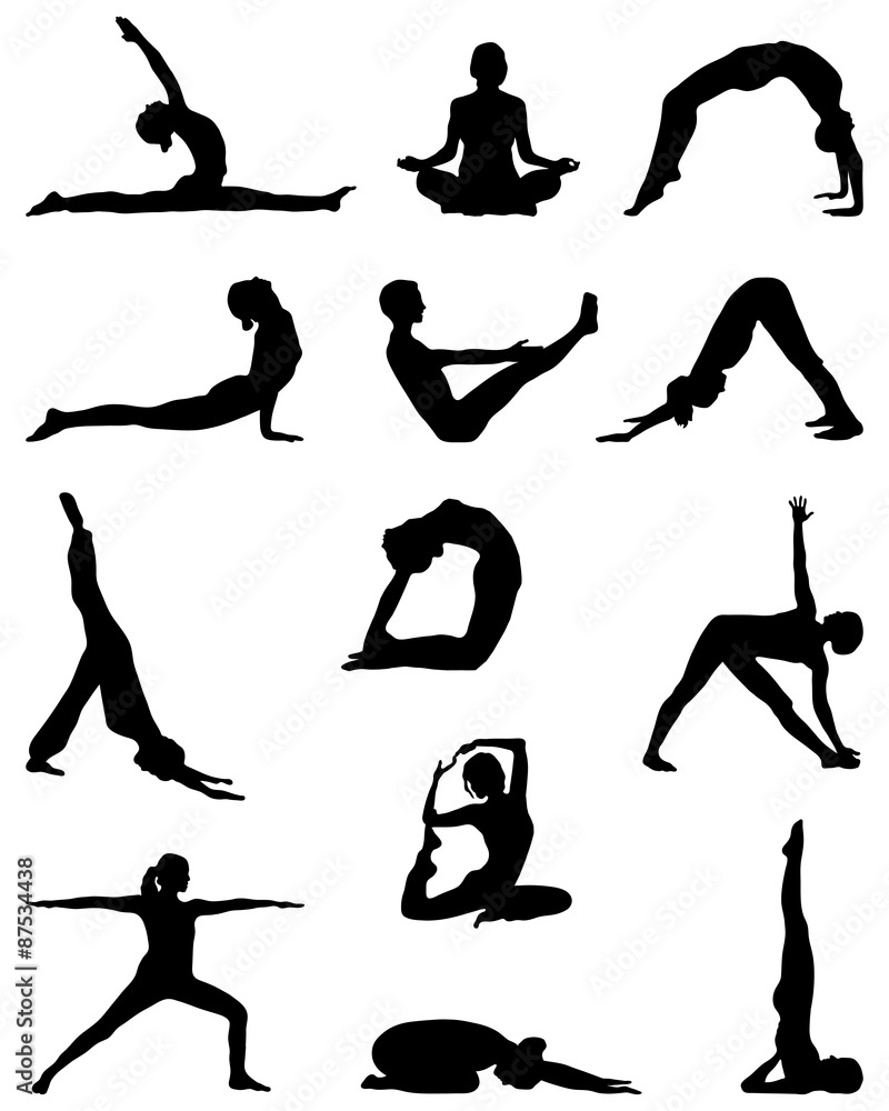 Black silhouettes of yoga and gymnastics, vector