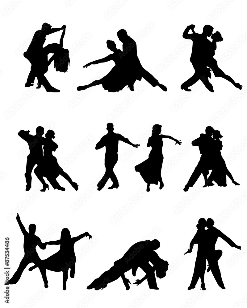 Black silhouettes of tango players, vector - obrazy, fototapety, plakaty 