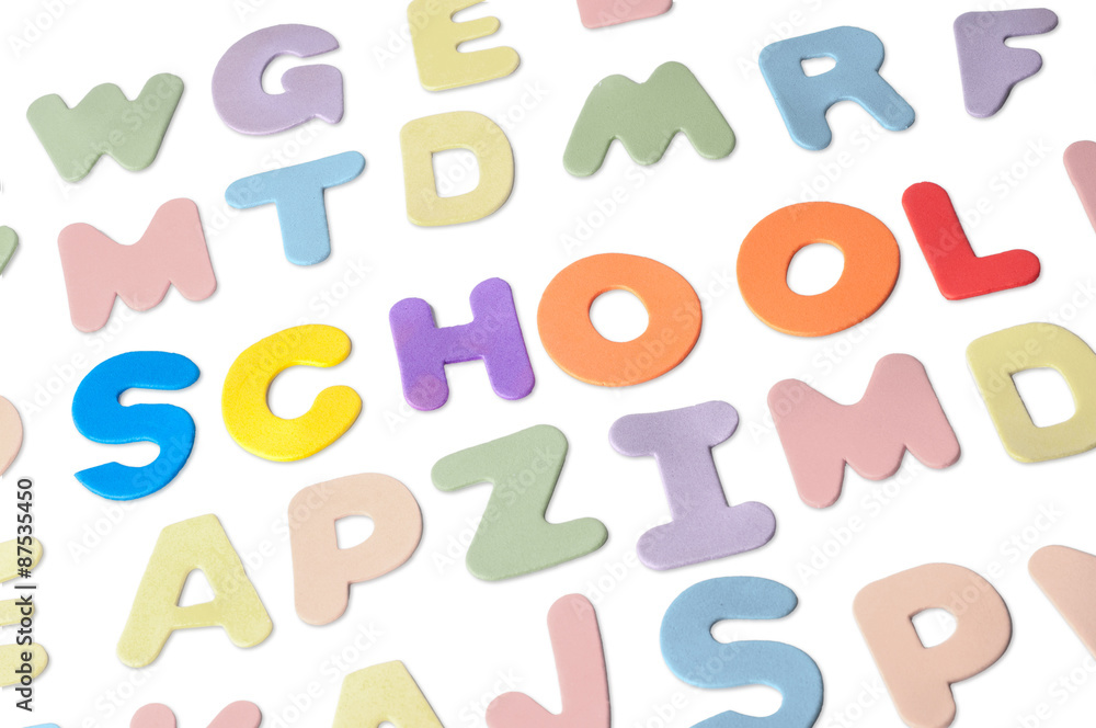 Foam letters forming the word School, isolated on white background. Foam letters forming the word School, isolated on white background.