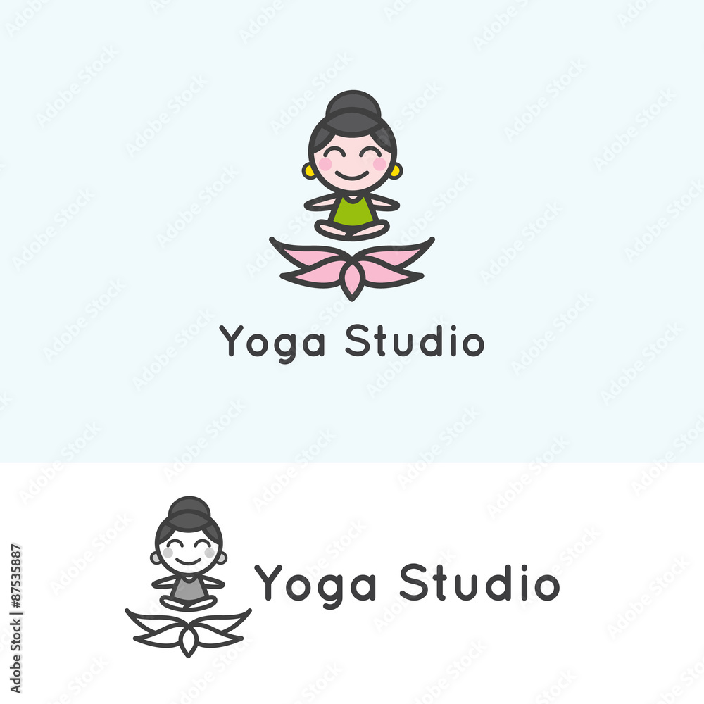 Vector minimalistic young girl cartoon character. Yoga studio