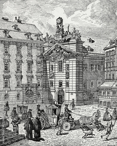 Wien, Bürgerliches Zeughaus (alte Feuerwache) um 1732, Kupferstichvorlage photo