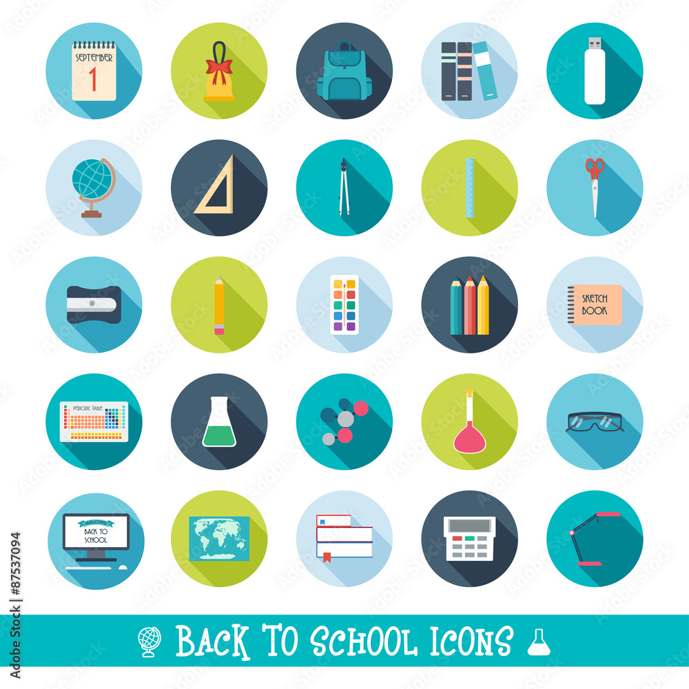 Set of school and education icons with shadows. Back to school. Flat design. vector