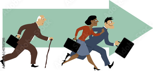 Senior man with a cane having problem to keep up with younger colleagues, vector illustration, EPS 8