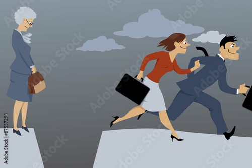 Senior woman standing on the edge of the gap, separated her from competing younger employees, vector illustration, EPS 8