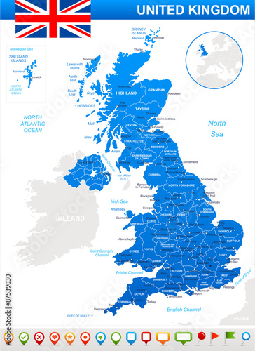 United Kingdom map, flag and navigation icons - highly detailed vector illustration. Image contains land contours, country and land names, city names, water object names, flag, navigation icons. 