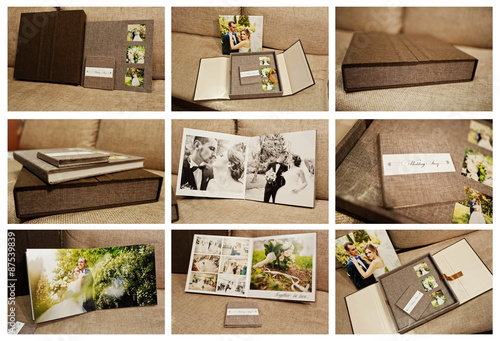 gray and brown textile velvet wedding book and album with pictur photo