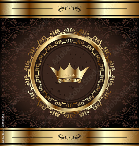 Royal background with golden ornate frame and heraldic crown