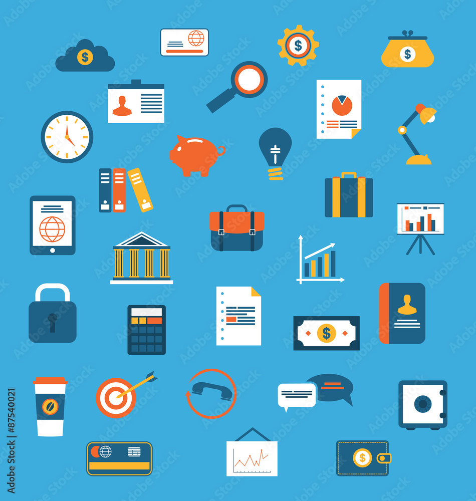 Set flat icons of web design objects, business, office and marke