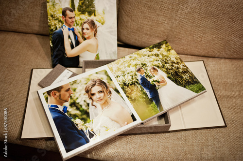 Bild auf Leinwand gray and brown textile velvet wedding book and album with pictur