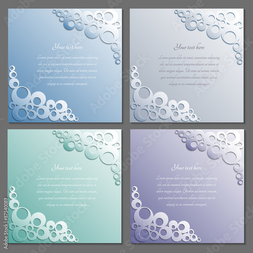 Cards templates set with label. Paper frame. Rings pattern with shadow. Eps 10