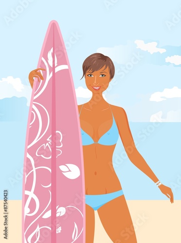 girl with surfboard in her hand, isolated