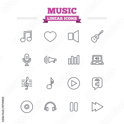 Music linear icons set. Thin outline signs. Vector