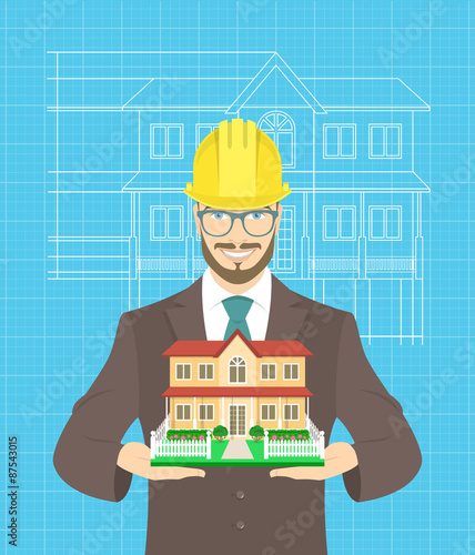 Modern flat stylized illustration of young attractive construction manager in business suit and yellow hard hat, holding model of family house.  Blueprint scheme of building project on the background