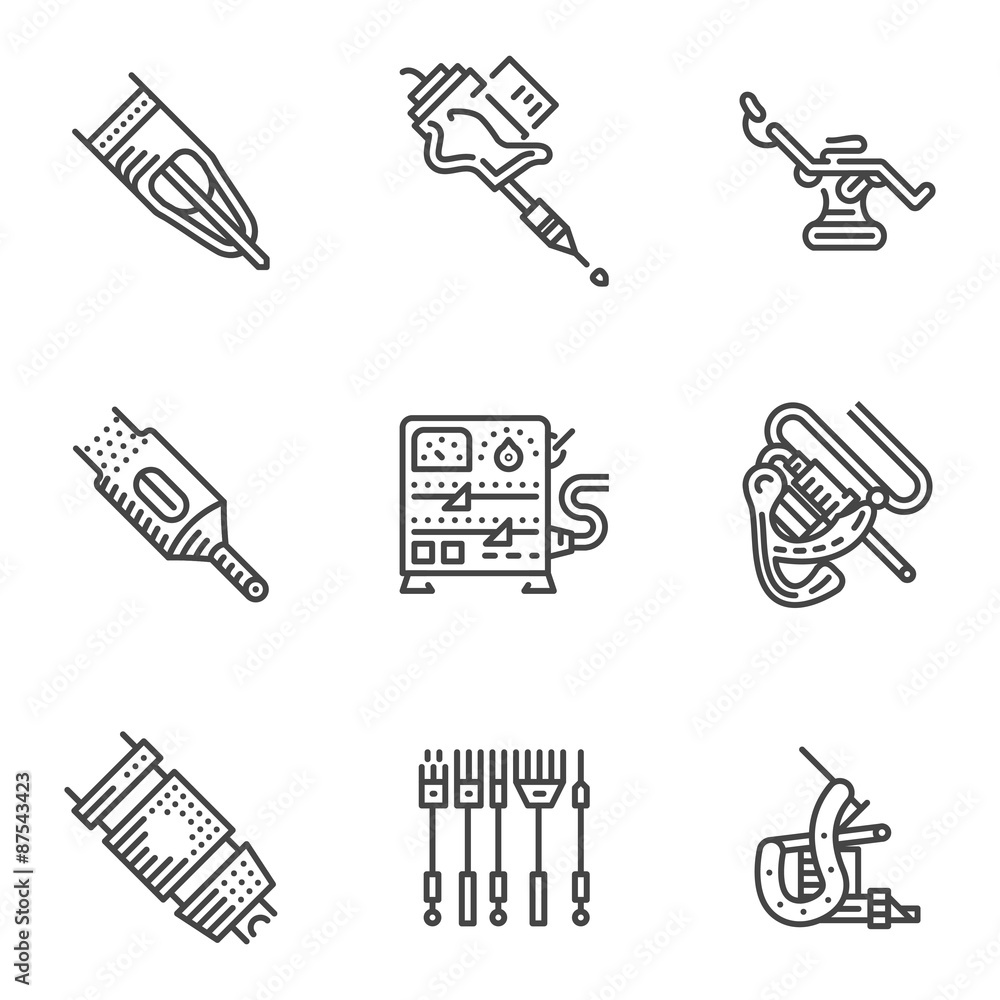 Black line icons for tattoo equipment