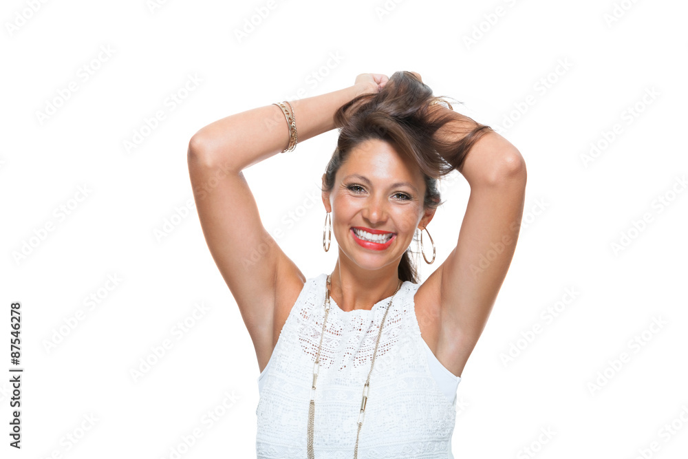 Happy Woman in Trendy Outfit Holding her Hair Up Happy Woman in Trendy Outfit Holding her Hair Up