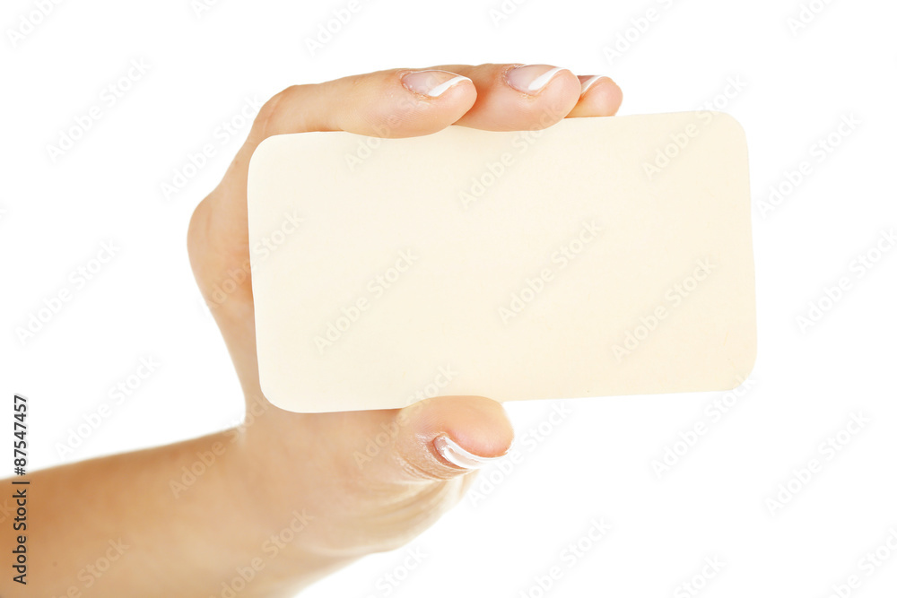 Hand holding business card, isolated on white
