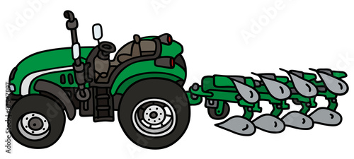 Green tractor with a plow / hand drawing, not a real type
