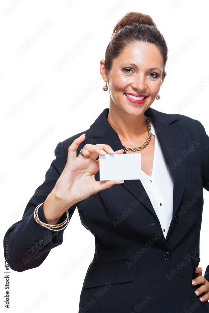 Businesswoman Holding Small Card with Copy Space Businesswoman Holding Small Card with Copy Space