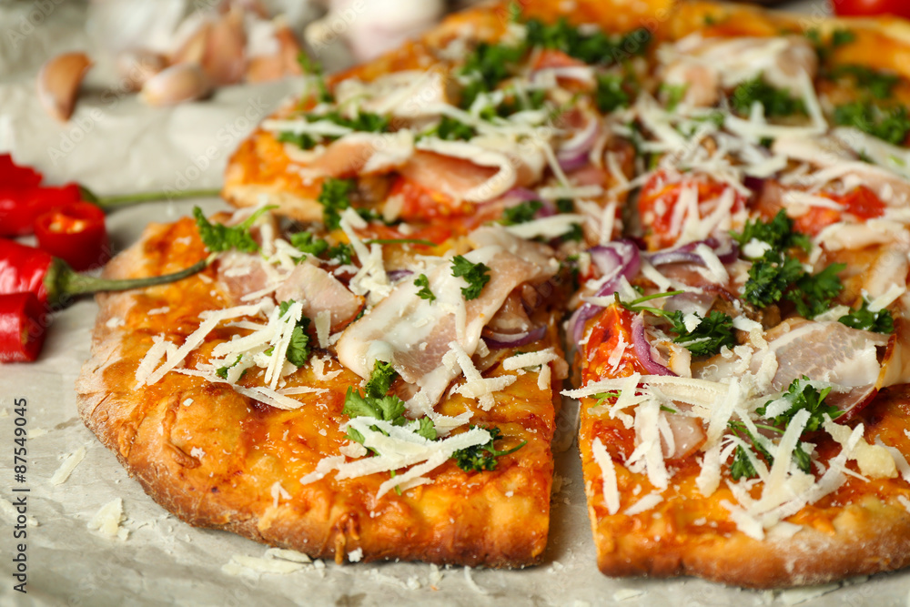 Tasty pizza with vegetables on table close up Tasty pizza with vegetables on table close up