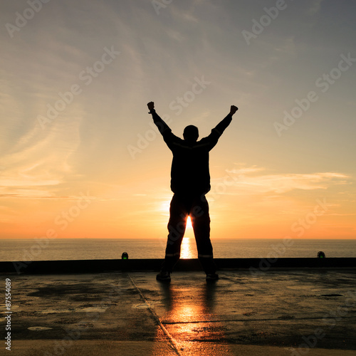 Silhouette Image of Happy Man Showing Winner Action © bomboman