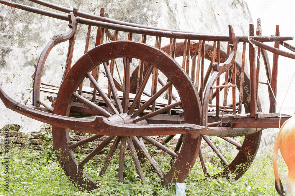 The antique cart Wheels made of wood that looks like the art.
The antique cart Wheels made of wood that looks like the art.