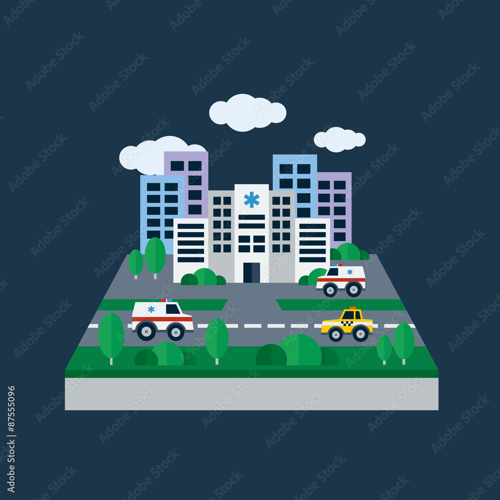 Concept illustration with icons of hospital and ambulances. Flat Concept illustration with icons of hospital and ambulances. Flat