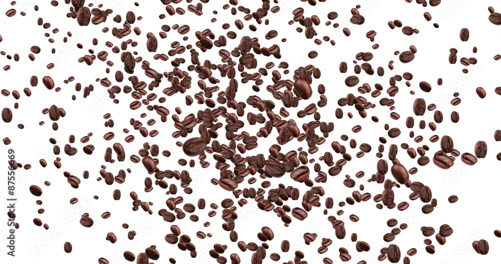digital coffee beans flying in vortex on white background with fade out, loop seamless. 4K and 1080 resolution. Nutrition concept digital coffee beans flying in vortex on white background with fade out, loop seamless. 4K and 1080 resolution. Nutrition concept
